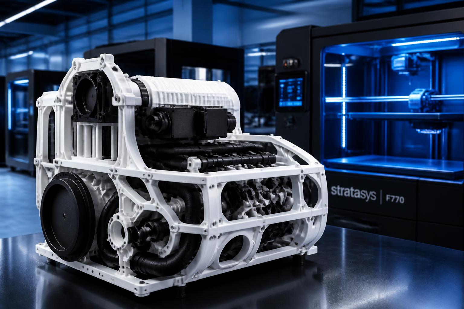 Peça mecânica 3D impressa em grande escala ao lado de impressoras industriais